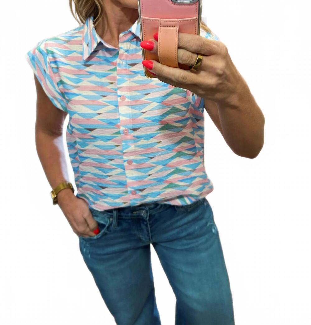 NEW MOLLY BRACKEN women's geometric t-shirt in blue
